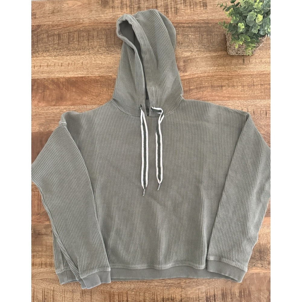 Aerie Ribbed Hoodie XS Green Cropped Pullover Sweatshirt Women's Soft Lounge Top
